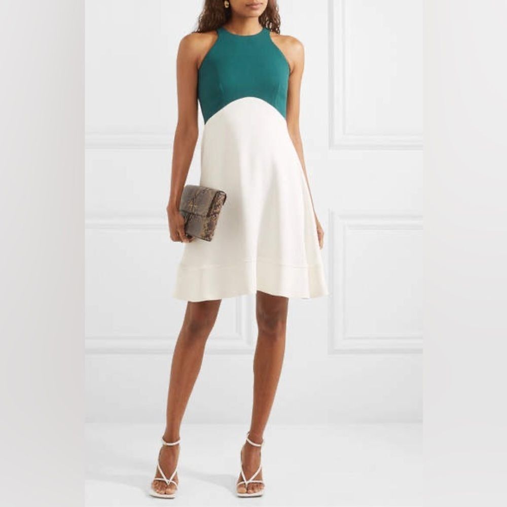 New Antonio Berardi silk crepe flounce halter dress green ivory size 10